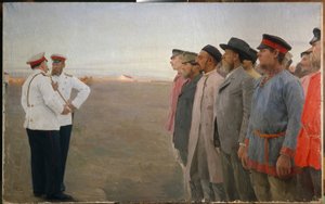 Rekruttering - Maleri av Lukian Vasilyevich Popov (1873-1914), olje på lerret av Lukjan Vasilievich Popov