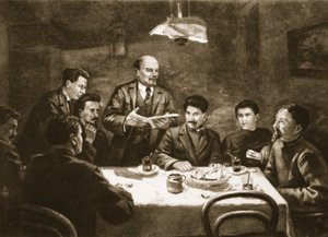 Møte i sentralkomiteen til bolsjevikpartiet, 23. oktober 1917 (litho) av Lupov (attr. to)