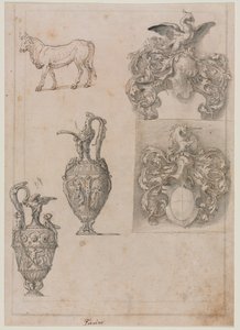 Design for to vaser, to våpenskjold og en okse-rekto, midten av 1500-tallet.