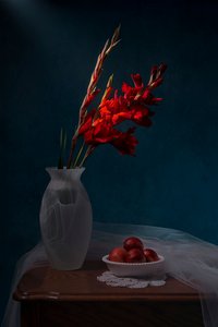 Stilleben med røde gladioler av Lydia Jacobs