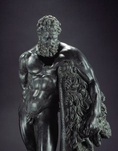 Gresk kunst: "" Herakles i hvile"" Detalj - Bronseskulptur av Lysippe av Sicyone (395-305 f.Kr.) 4. århundre f.Kr., fra helligdommen til Ercole Curino, Sulmona - Museo Nazionale Archeologico, Chieti Italia - Herakles (Hercules) hviler - Detalj av bronsesku