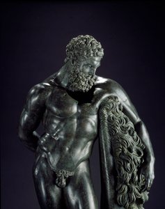 Gresk kunst: "" Herakles i hvile"" Detalj. Bronseskulptur av Lysippe av Sicyone (395-305 f.Kr.) 4. århundre f.Kr. Fra helligdommen til Ercole Curino, Sulmona. Museo Nazionale Archeologico, Chieti Italia - Herakles (Hercules) hviler - Detalj av bronseskulpt
