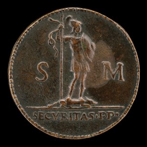 Væpnet skikkelse som står på en ulv på knestående [revers].