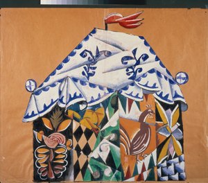 Skisse av gardinet for stykket "" Av paven og hans betjent Balda "", av Alexander Pushkin (1799-1837). Verk av Lyubov (Lioubov) Sergeyevna Popova (1889-1924), collage, gouache og bronse på papir av Lyubov Sergeevna Popova
