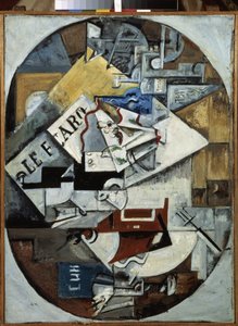 Stilleben. (Le Figaro) Maleri av Lyubov (Lioubov) Sergeyevna Popova (1889-1924), olje på lerret av Lyubov Sergeevna Popova