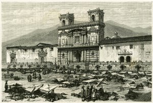 Katedralen i Quito (hovedstaden i dagens Ecuador) og den populære underholdningen på torget. Gravering av Clerget og Ferdinandus, for å illustrere historien "Equinoxiale America"" av M. (after) Ferdinandus