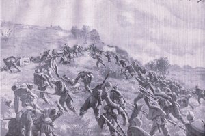 Gjenopptakelsen av Szawle. Storming the ridge, fra puben The Illustrated History of the World War 1914-1915. av Union Berlagsefellfchaft av M. Barascudts