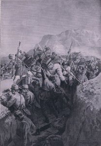 Mislykket angrep fra italienerne på Doberdo-høydene, fra puben The Illustrated History of the World War 1914-1915. av Union Berlagsefellfchaft av M. Barascudts