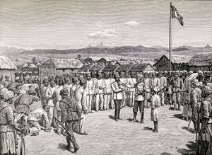 Sir Henry Morton Stanley henvendte seg til opprørsoffiserer i Kavalli, 1890 (tregravering) av M. Schonberg