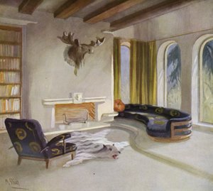 Interiør fra 1930-tallet: Røykerom i et landsted (farge litho) av M. Stier