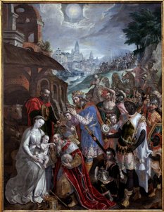 Tilbedelse av magiene. Over den hellige familie og magi, stjernen til hyrden. Maleri av Maaerten de Vos (Martin de Vos, Marten de Vos) (1532-1603), flamsk kunst 1500-tallet. Museum of Fine Arts i Valenciennes.