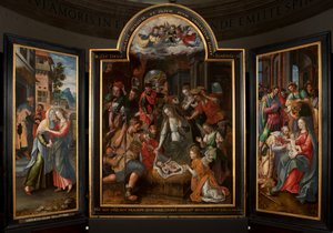 Tilbedelse av Magi, Triptych, Sentralpanel, detalj, maleri på tre av Maarten de Vos