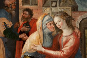 Adoration of the Magi, Triptych, Venstre panel: Holy Virgins liv, detalj, maleri på tre av Maarten de Vos