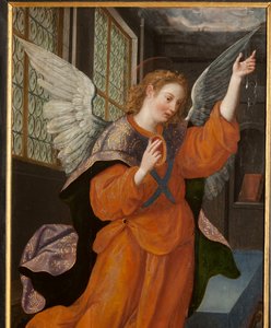 Tilbedelse av Magi, Triptych, Venstre panel, bakre del, detalj, maleri på tre av Maarten de Vos