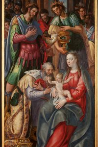 Tilbedelse av Magi, Triptych, Høyre panel, detalj, maleri på tre av Maarten de Vos