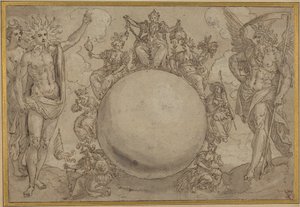 Apollo, Diana og tiden med menneskelivets sykliske omskiftelser, ca. 1561 (penn og brunt blekk med grå vask over spor av grafitt, risset inn for overføring på lagt papir) av Maarten de Vos