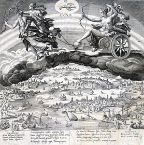 Luna: allegori om månen (Diana) og skorpionen som er under dens innflytelse (stjernetegn) - gravering av Maaerten de Vos (Martin de Vos, Marten de Vos) (1532-1603), n.d.