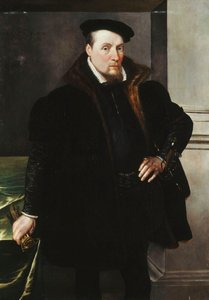 Portrett av en gentleman, trekvart lengde, i en svart frakk med pelsfôr, 1551 av Maarten de Vos