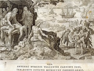 Battlefield in the New World i 1530, plate 6 fra 'The Military Achievements of Emperor Charles V', gravert av Dirk Volkertsz Coornhert (1522-90), 1555
