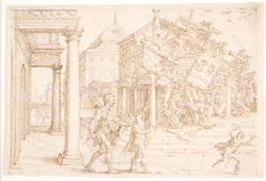 Samson ødelegger huset sammen med filistrene av Maarten van Heemskerck