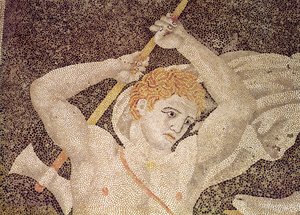 Stag Hunt, detalj av en jeger, fra House of the Abduction of Helen mosaikk av Macedonian School