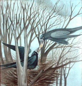 Two Rooks feeding in a tree (blyant og akvarell på papir) av Madeline Wyndham