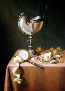 Et stilleben med en Nautilus-kopp, en skrellet sitron og valnøtter (olje på panel)