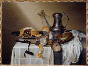 Stilleben med Pate Pate med sitron- og tinnkaraffel. Maleri av Maerten Boelema de Stomme (1611-1664) 1600-tallet søn. 0,6x0,79 m Nantes, Musee des Beaux Arts