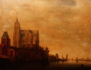 Groote Kerk med utsikt over hovedtårnet, Emmerich i et elvelandskap med seilbåter av Maerten Fransz van der Hulst