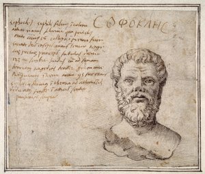 Antikk byste av Sophocles, kommentert, etter Fulvio Orsini (penn og blekk på papir) av Maerten van Heemskerck