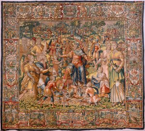 Bispedømmemuseum (Bispedømmemuseum). flamsk billedvev. Brussel. François Geubels verksted. Serien Historien om Gideon. Israelittene overlater sin del av byttet til Gideon. Silke og ull. Legat av Bisho av Maerten van Heemskerck