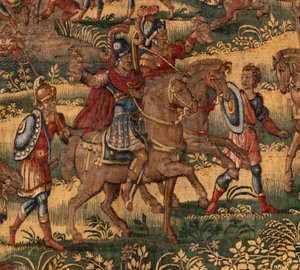 Bispedømmemuseum (Bispedømmemuseum). flamsk billedvev. Brussel. François Geubels verksted. Serien Historien om Gideon. Midianittenes nederlag. Silke og ull. Legat fra biskop Vincent Rock av Serna. Barokk. 1534-1571, i av Maerten van Heemskerck