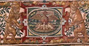 Bispedømmemuseum (Bispedømmemuseum). flamsk billedvev. Brussel. François Geubels verksted. Serien Historien om Gideon. Israelittene overlater sin del av byttet til Gideon. Silke og ull. Legat av Bisho av Maerten van Heemskerck