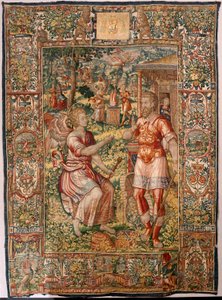 Bispedømmemuseum (Museo Diocesano). flamsk billedvev. Brussel. Atelier François Geubels. Serien Story of Gideon. Gideon og engelen (Gedeón y el ángel). Silke og ull. Legat fra biskop Vicente Roca de la Serna. Barokk. 1534-1571, i katedralen siden av Maerten van Heemskerck