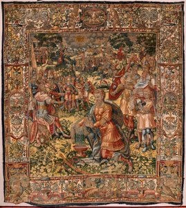 Bispedømmemuseum (Museo Diocesano). flamsk billedvev. Brussel. Atelier François Geubels. Serien Story of Gideon. Miraklet med ullfleece (Prueba del vellón de lana). Silke og ull. Legat fra biskop Vicente Roca de la Serna. Barokk. 1534-1571, dvs av Maerten van Heemskerck