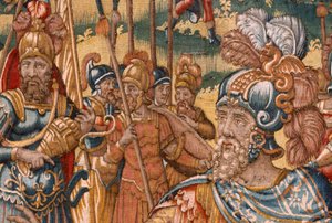 Bispedømmemuseum (Bispedømmemuseum). flamsk billedvev. Brussel. François Geubels verksted. Serien Historien om Gideon. Israelittene overlater sin del av byttet til Gideon. Silke og ull. Legat av Bisho av Maerten van Heemskerck