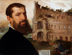 Selvportrett av maleren med Colosseum i bakgrunnen, 1553