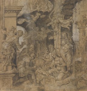 Hyrdenes tilbedelse, verso: Skisser, ca. 1532-37. av Maerten van Heemskerck