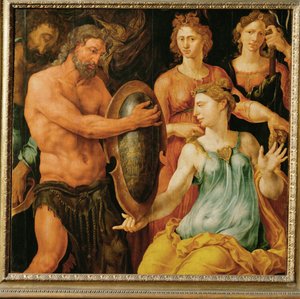 Vulkanen gir Thetis skjoldet til Akilles (maleri på eik) av Maerten van Heemskerck