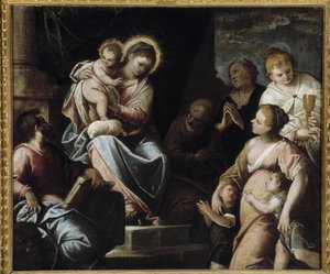 Jomfruen har barnet omgitt av teologiske dyder Allegori om tro, esperanse og nestekjærlighet av Maffeo da Verona