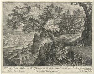 Elias hviler på en stein langs Kerit-bekken Landskap med scener fra Elias historie (serietittel)