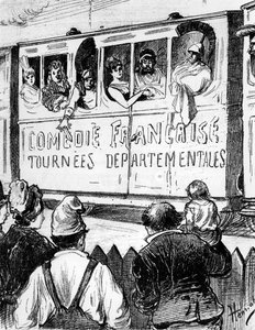 Rollelisten til Comédie Française på turné i Frankrike i et spesialtog, stopper for å gi landsmenn et glimt av teatret, 2. halvdel av 1800-tallet
