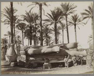 Liggende statue av Ramses II i Memphis, i forgrunnen en gutt med et esel Statue colossal de Ramesses II à Memphis (tittel på objekt)