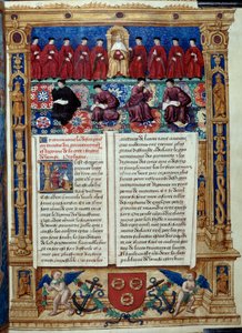 Council of Ten The Doge er i sentrum. Side hentet fra en beskrivelse eller avtaler med regjeringen og regimet til byen og seigneuriet i Venezia realisert av admiral Louis Malet de Graville, opplyst av mesteren til Philip de Geldre (1500-tallet) av Maitre de Philippe de Gueldre