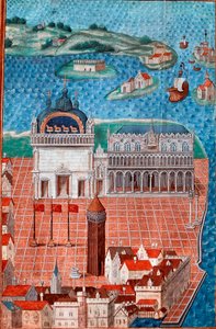 Utsikt over Markusplassen med Dogepalasset i Venezia”” Miniatyr hentet fra “” Beskrivelse eller omhandler regjeringen og regimet i byen og overherredømmet i Venezia””” av Mesteren av Philip de Geldre (1467-1547) Chantilly , Musee Conde av Maitre de Philippe de Gueldre