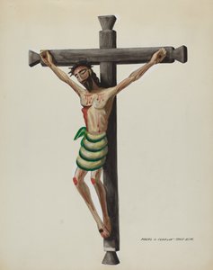 Cristo, utskåret og malt, på svart utskåret trekors, ca. 1937.