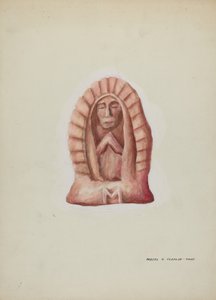 Liten statue av Guadalupe skåret i stein, ca. 1937. av Majel G. Claflin