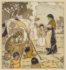Maggie Tulliver med sigøynerne, scene fra The Mill on the Floss, av George Eliot (farge litho) av Malcolm Daniel Charleson