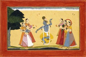 Krishna danser foran cowgirls mens de klapper i hendene, ca. 1730-1735