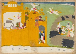 Apelederen Angada stjeler Ravanas krone fra festningen hans..., ca. 1725.